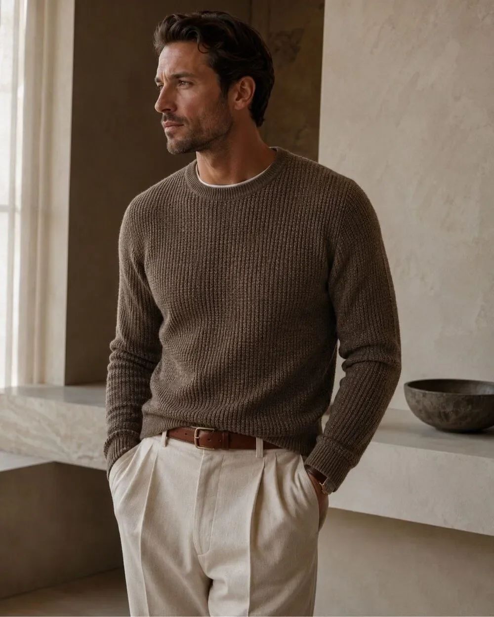 NAADAM cashmere Waffle Crewneck Sweater olive green, Lrg C17 $315